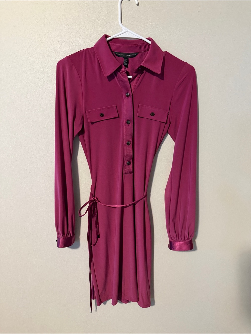 White House black Women's Magenta Button-Front Long Sleeve Shirt Dress with Tie